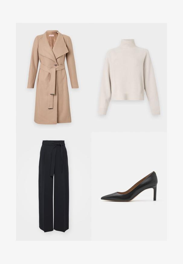 Beige villakangastakki polvipituisilla hihoilla, joissa on leveät kaulukset, yksi nappi, yhteensopiva vyö metallipäillä ja pitkät hihat, esitelty litteänä valkoista taustaa vasten.; Vaalea beige poolopaita, joka on valmistettu pehmeästä kankaasta. Ominaisuuksiin kuuluu rento istuvuus, ribbireunat ja hihansuut sekä pitkät hihat. Minimalistinen muotoilu.; Leveled black trousers made of soft fabric. Features a belted waistband and front pleats. Smooth texture with a clean, contemporary design.; Mustan nahkaisen korkokengän, jossa on terävä kärki, sulava siluetti ja hoikka korko. Ominaisuuksiin kuuluu sileä pinta ja minimaalinen varustelu.