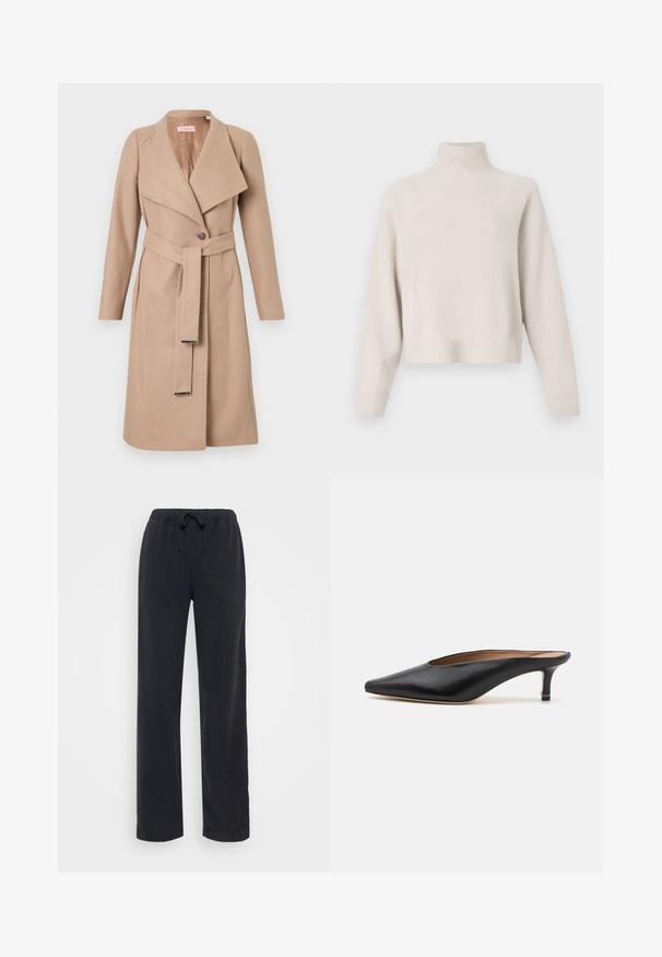 Manteau en laine beige à mi-longueur avec grands revers, un seul bouton, ceinture assortie avec embouts en métal, et manches longues, présenté à plat sur fond blanc.; Pull à col roulé beige clair en tissu doux. Dispose d'une coupe décontractée, d'un ourlet et de poignets côtelés, et de manches longues. Design minimaliste.; Pantalons en coton noirs, amples, avec une taille élastique et un cordon de serrage ajustable. Design à jambes droites sans poches visibles ni ornements.; Mules en cuir noir avec un bout pointu et un petit talon carré. Texture lisse avec un design épuré. Dos ouvert avec un minimum de détails.