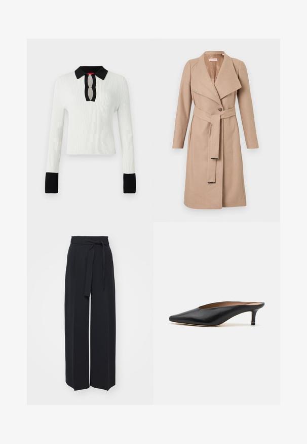 Manteau en laine beige à mi-longueur avec grands revers, un seul bouton, ceinture assortie avec embouts en métal, et manches longues, présenté à plat sur fond blanc.; Haut en tricot blanc à côtes avec un col et des poignets noirs, présentant un détail de décolleté en trou de serrure. Manches longues et coupe ajustée.; Pantalons noirs à jambes larges en tissu doux. Dotés d'une taille ceinturée et de plis avant. Texture lisse avec un design épuré et contemporain.; Mules en cuir noir avec un bout pointu et un petit talon carré. Texture lisse avec un design épuré. Dos ouvert avec un minimum de détails.