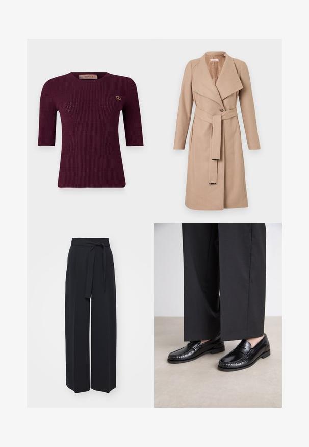 Beige villakangastakki polvipituisilla hihoilla, joissa on leveät kaulukset, yksi nappi, yhteensopiva vyö metallipäillä ja pitkät hihat, esitelty litteänä valkoista taustaa vasten.; Burgundin värinen ribbiknitti toppi, jossa on lyhyet hihat ja pyöreä kaula-aukko. Korostaa hienovaraisia leikkauksia ja kultaisia logoja vasemmassa rinnassa.; Leveled black trousers made of soft fabric. Features a belted waistband and front pleats. Smooth texture with a clean, contemporary design.; Mustat nahka loaferit, joissa on sileä pinta, tikattu yksityiskohta varpaiden ympärillä ja matala kumipohja. Yhdistetty leveiden mustien housujen kanssa.