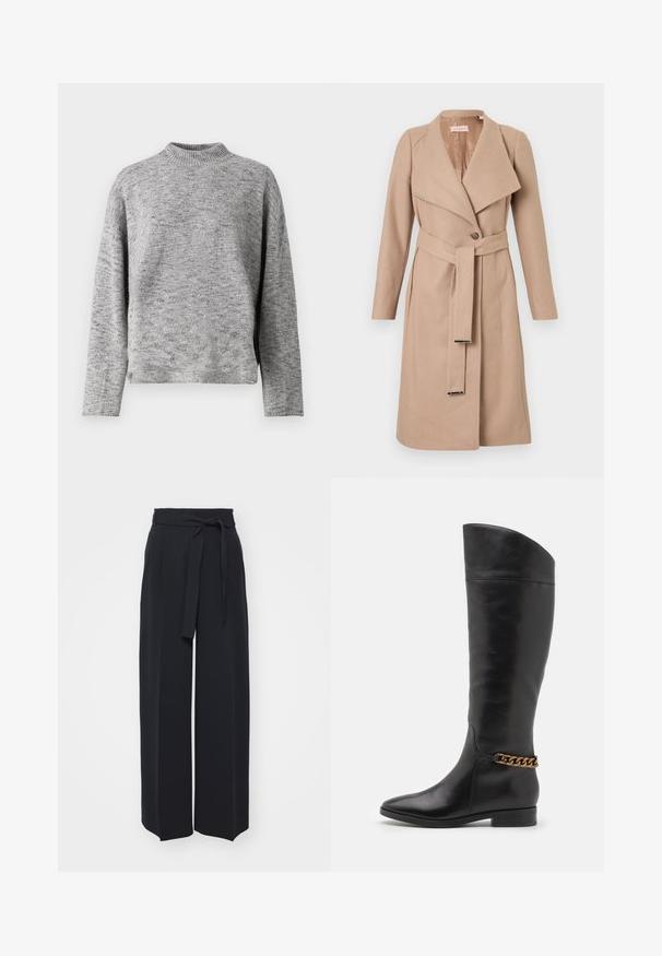 Beige knee-length wool coat with wide lapels, single button, matching belt with metal tips, and long sleeves, displayed flat against white background.; Light grey knitted sweater with a high neck, long sleeves, and a relaxed fit. Textured fabric with a subtle speckled pattern.; Wide-leg black trousers made of soft fabric. Features a belted waistband and front pleats. Smooth texture with a clean, contemporary design.; Tall black leather boots with a sleek design, pointed toe, and a gold chain accent at the ankle. Low block heel. Smooth texture.