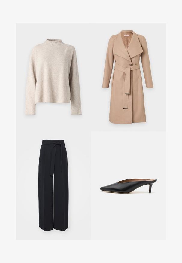 Beige wollen mantel tot de knie met brede revers, enkele knoop, bijpassende riem met metalen tips en lange mouwen, plat weergegeven tegen een witte achtergrond.; Beige gebreide trui met een hoge hals, verlaagde schouders en lange mouwen. Zachte textuur en een relaxte pasvorm. Geen zichtbare patronen of hardware.; Zwarte wijde broek van zachte stof. Voorzien van een ceintuur en plooien aan de voorkant. Glad textuur met een strakke, hedendaagse stijl.; Zwarte leren muiltjes met een puntige neus en een lage, blokhak. Glad oppervlak met een gestroomlijnd ontwerp. Open achterkant met minimale details.