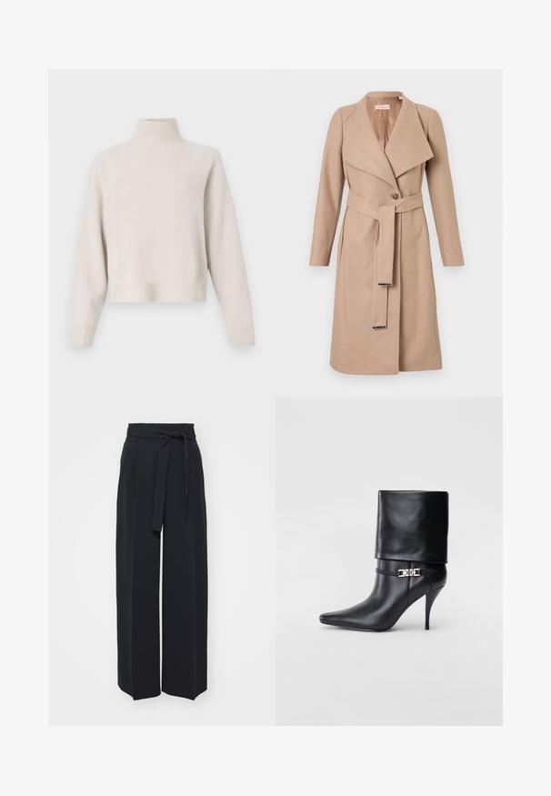 Beige knielanger Wollmantel mit breiten Revers, einem Knopf, passendem Gürtel mit Metallspitzen und langen Ärmeln, flach auf einem weißen Hintergrund präsentiert.; Hellbeige Rollkragenpullover aus weichem Stoff. Bietet einen lässigen Schnitt, gerippte Säume und Manschetten sowie lange Ärmel. Minimalistisches Design.; Schwarze weite Hosen aus weichem Stoff. Mit einem Gürteltäfelchen und vorderen Falten. Glatte Textur mit einem klaren, modernen Design.; Schwarze Leder-Ankle-Boots mit spitzer Zehenpartie, hohen Stiletto-Absätzen, umgeschlagenem Schaft und einem goldenen dekorativen Schnallen-Detail an der Knöchel.
