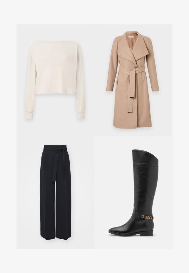 Beige knee-length wool coat with wide lapels, single button, matching belt with metal tips, and long sleeves, displayed flat against white background.; Long-sleeve, off-white cropped sweater with a wide neckline and ribbed cuffs on a white background.; Wide-leg black trousers made of soft fabric. Features a belted waistband and front pleats. Smooth texture with a clean, contemporary design.; Tall black leather boots with a sleek design, pointed toe, and a gold chain accent at the ankle. Low block heel. Smooth texture.