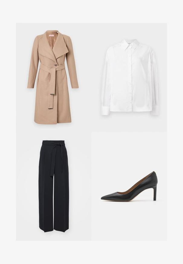 Manteau en laine beige à mi-longueur avec grands revers, un seul bouton, ceinture assortie avec embouts en métal, et manches longues, présenté à plat sur fond blanc.; Chemise blanche à manches longues, en mélange de coton lisse. Présente un col classique, une fermeture à boutons sur le devant et des poignets arrondis.; Pantalons noirs à jambes larges en tissu doux. Dotés d'une taille ceinturée et de plis avant. Texture lisse avec un design épuré et contemporain.; Chaussure à talon haut en cuir noir avec un bout pointu, une silhouette épurée et un talon fin. Présente une texture lisse et des accents matériels minimaux.