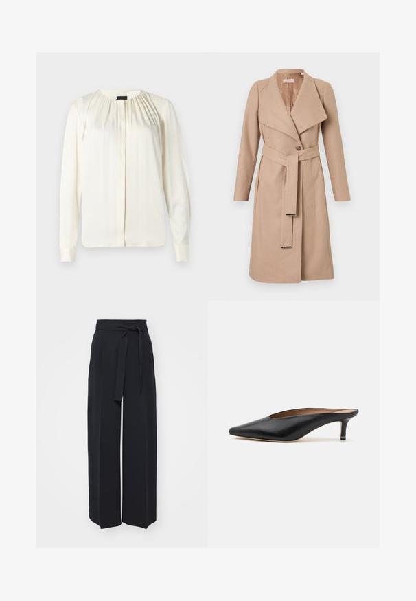 Beige knielanger Wollmantel mit breiten Revers, einem Knopf, passendem Gürtel mit Metallspitzen und langen Ärmeln, flach auf einem weißen Hintergrund präsentiert.; Langärmlige Bluse aus cremefarbener Seide. Mit Rundhalsausschnitt, sanften Falten an den Schultern und geknöpften Manschetten. Glatte Textur und minimalistisches Design.; Schwarze weite Hosen aus weichem Stoff. Mit einem Gürteltäfelchen und vorderen Falten. Glatte Textur mit einem klaren, modernen Design.; Schwarze Leder-Mules mit spitzem Zehenbereich und niedrigem Blockabsatz. Glatte Textur mit elegantem Design. Offene Rückseite mit minimaler Gestaltung.
