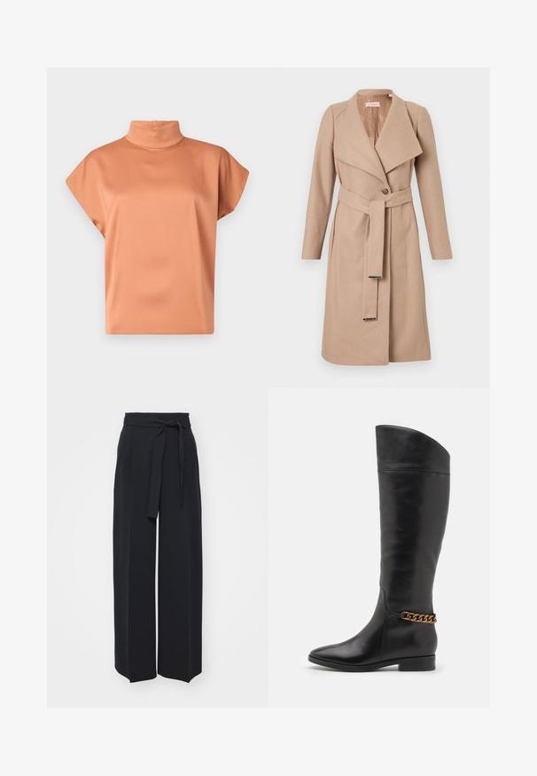 Beige knälång ullkappa med breda slag, enkel knapp, matchande bälte med metallspetsar och långa ärmar, visad liggande mot vit bakgrund.; Kortärmad polotopp i en mjuk terrakottafärg, med en slät textur och avslappnad passform utan synliga knäppningar eller mönster.; Breda svarta byxor i mjukt material. Har ett bälte i midjan och framfällor. Slät struktur med en ren, modern design.; Höga svarta läderstövlar med en strömlinjeformad design, spetsig tå och en guldkedja vid vristen. Låg klack. Slät yta.