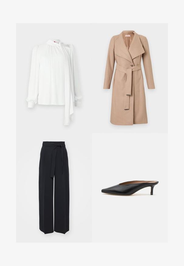 Beige knielanger Wollmantel mit breiten Revers, einem Knopf, passendem Gürtel mit Metallspitzen und langen Ärmeln, flach auf einem weißen Hintergrund präsentiert.; Weiße Bluse mit langen Ärmeln, gefaltetem Stoff an den Schultern, hohem Kragen mit Bindedetail, glatter Textur und elastischen Bündchen.; Schwarze weite Hosen aus weichem Stoff. Mit einem Gürteltäfelchen und vorderen Falten. Glatte Textur mit einem klaren, modernen Design.; Schwarze Leder-Mules mit spitzem Zehenbereich und niedrigem Blockabsatz. Glatte Textur mit elegantem Design. Offene Rückseite mit minimaler Gestaltung.
