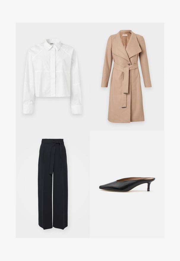 Beige knee-length wool coat with wide lapels, single button, matching belt with metal tips, and long sleeves, displayed flat against white background.; White cropped shirt made from a smooth fabric, featuring a classic collar, long sleeves, and subtle seam detailing. Logo "DAY" at the collar.; Wide-leg black trousers made of soft fabric. Features a belted waistband and front pleats. Smooth texture with a clean, contemporary design.; Black leather mules with a pointed toe and low, block heel. Smooth texture with a sleek design. Open back with minimal detailing.