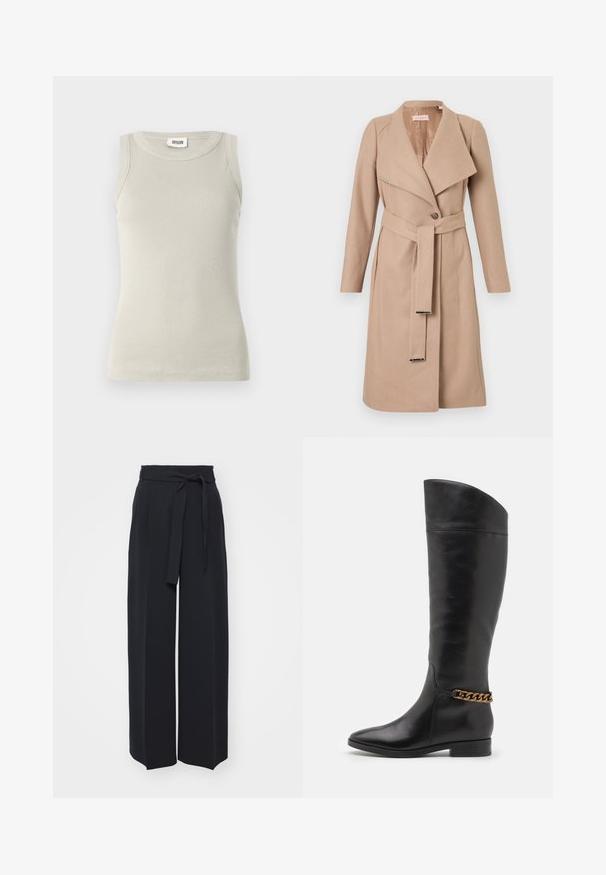 Beige knee-length wool coat with wide lapels, single button, matching belt with metal tips, and long sleeves, displayed flat against white background.; Light grey sleeveless tank top made from ribbed fabric, featuring a round neckline and a fitted design. No visible patterns or embellishments.; Wide-leg black trousers made of soft fabric. Features a belted waistband and front pleats. Smooth texture with a clean, contemporary design.; Tall black leather boots with a sleek design, pointed toe, and a gold chain accent at the ankle. Low block heel. Smooth texture.