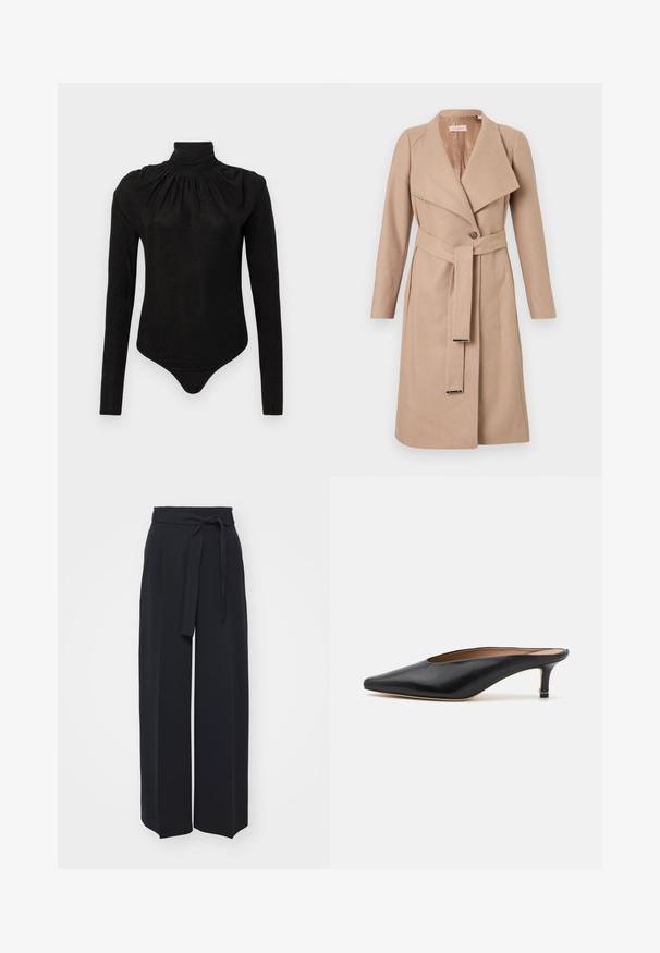 Beige knielanger Wollmantel mit breiten Revers, einem Knopf, passendem Gürtel mit Metallspitzen und langen Ärmeln, flach auf einem weißen Hintergrund präsentiert.; Schwarzer langärmeliger Body mit hohem gerafftem Rollkragen und figurbetonter Silhouette, entworfen für Frauen.; Schwarze weite Hosen aus weichem Stoff. Mit einem Gürteltäfelchen und vorderen Falten. Glatte Textur mit einem klaren, modernen Design.; Schwarze Leder-Mules mit spitzem Zehenbereich und niedrigem Blockabsatz. Glatte Textur mit elegantem Design. Offene Rückseite mit minimaler Gestaltung.