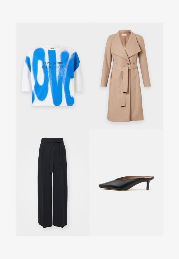 Beige knee-length wool coat with wide lapels, single button, matching belt with metal tips, and long sleeves, displayed flat against white background.; White cotton t-shirt with blue spray paint-style "LOVE" text. Short sleeves, relaxed fit, crew neck, featuring graphic design and modern typography.; Wide-leg black trousers made of soft fabric. Features a belted waistband and front pleats. Smooth texture with a clean, contemporary design.; Black leather mules with a pointed toe and low, block heel. Smooth texture with a sleek design. Open back with minimal detailing.