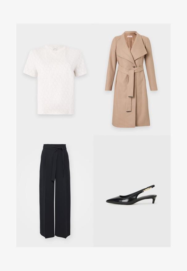 Beige knee-length wool coat with wide lapels, single button, matching belt with metal tips, and long sleeves, displayed flat against white background.; Short-sleeve, cream t-shirt made of cotton with a subtle all-over monogram pattern. Features a round neckline and relaxed fit.; Wide-leg black trousers made of soft fabric. Features a belted waistband and front pleats. Smooth texture with a clean, contemporary design.; Black leather slingback heels with a pointed toe, featuring a slim heel and a gold-tone accent on the adjustable strap. Smooth texture.