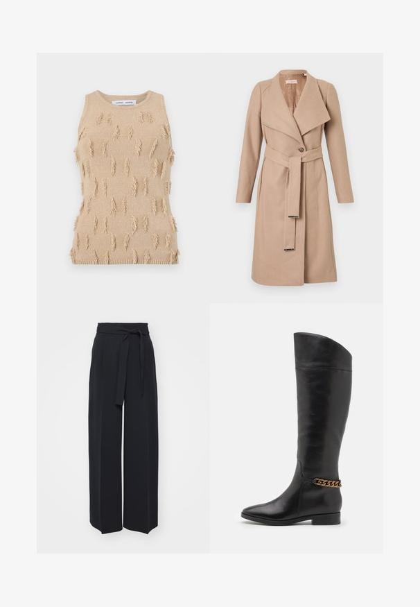 Beige wollen mantel tot de knie met brede revers, enkele knoop, bijpassende riem met metalen tips en lange mouwen, plat weergegeven tegen een witte achtergrond.; Beige gebreide mouwloze top met een textuurdesign en uitstekende franjes, geribbelde halslijn en onderzoom.; Zwarte wijde broek van zachte stof. Voorzien van een ceintuur en plooien aan de voorkant. Glad textuur met een strakke, hedendaagse stijl.; Hoge zwarte leren laarzen met een slank ontwerp, spitse neus en een gouden kettingaccent bij de enkel. Lage blokhak. Glad textuur.