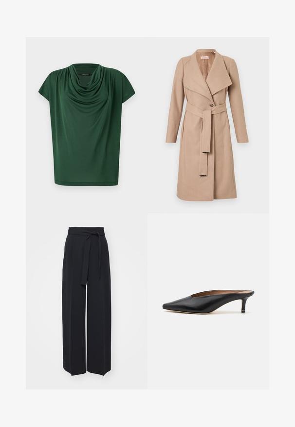 Manteau en laine beige à mi-longueur avec grands revers, un seul bouton, ceinture assortie avec embouts en métal, et manches longues, présenté à plat sur fond blanc.; Haut drapé vert en tissu léger. Caractérisé par un col cowl et des manches courtes, avec une texture lisse et une coupe ample.; Pantalons noirs à jambes larges en tissu doux. Dotés d'une taille ceinturée et de plis avant. Texture lisse avec un design épuré et contemporain.; Mules en cuir noir avec un bout pointu et un petit talon carré. Texture lisse avec un design épuré. Dos ouvert avec un minimum de détails.