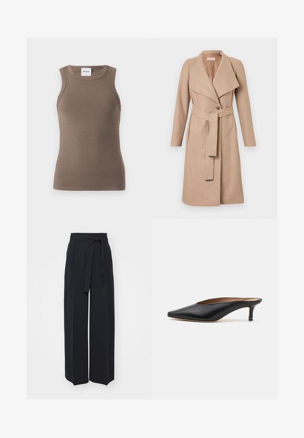 Beige wollen mantel tot de knie met brede revers, enkele knoop, bijpassende riem met metalen tips en lange mouwen, plat weergegeven tegen een witte achtergrond.; Bruine geribbelde tanktop met een aansluitend ontwerp, ronde halslijn en mouwloze stijl. Het label leest "DAY" aan de bovenkant.; Zwarte wijde broek van zachte stof. Voorzien van een ceintuur en plooien aan de voorkant. Glad textuur met een strakke, hedendaagse stijl.; Zwarte leren muiltjes met een puntige neus en een lage, blokhak. Glad oppervlak met een gestroomlijnd ontwerp. Open achterkant met minimale details.