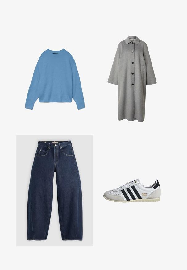 Lange grijze wollen jas met een kraaghalslijn, sluiting met knopen aan de voorkant en twee zijzakken. Heeft een zachte, gestructureerde afwerking en brede mouwen.; Lichtblauwe gebreide trui met een ronde halslijn, een drop shoulder ontwerp en geribbelde manchetten en onderrand. Zachte textuur, ontspannen pasvorm.; Donkerblauwe denim jeans met een losse fit, lichte stiksels, vijf zakken en een knoopsluiting op de taille.; Witte sneaker met zwarte strepen en gouden branding. Bevat suède en leren materialen, geperforeerde bovenkant en een getextureerde rubberen zool.