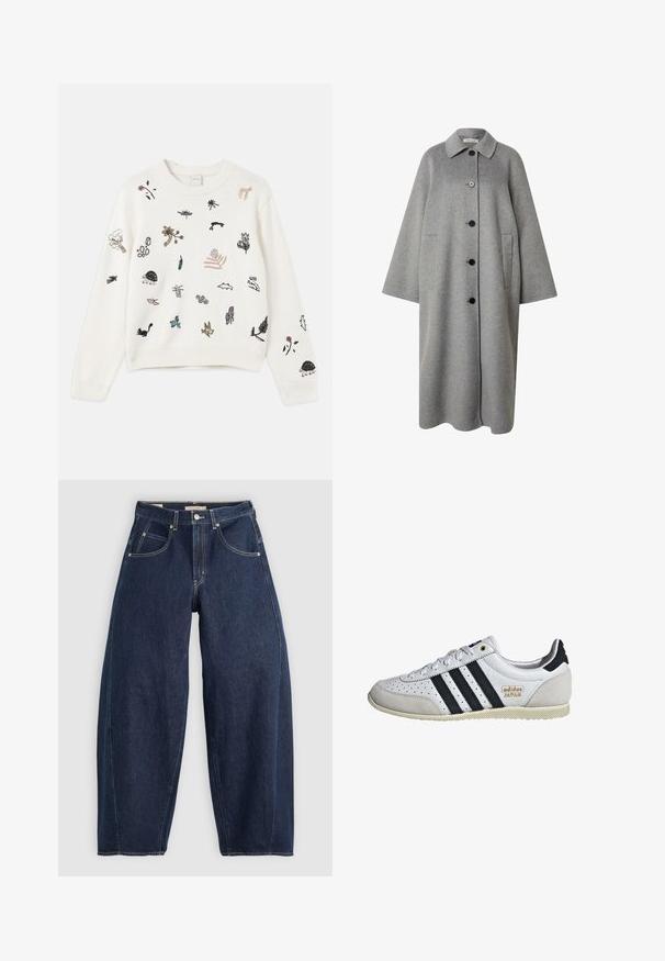 Manteau long en laine grise avec un col, fermeture à boutons sur le devant et deux poches latérales. Présente une finition douce et texturée ainsi que des manches larges.; Pull en tricot blanc avec divers motifs brodés colorés d'animaux et de plantes. Les poignets et l'ourlet côtelés ajoutent de la texture.; Jean en denim bleu foncé, à coupe ample, avec des coutures claires, cinq poches et un bouton de fermeture à la taille.; Baskets blanches avec des rayures noires et une marque dorée. Composées de matériaux en daim et en cuir, avec une tige perforée et une semelle en caoutchouc texturé.