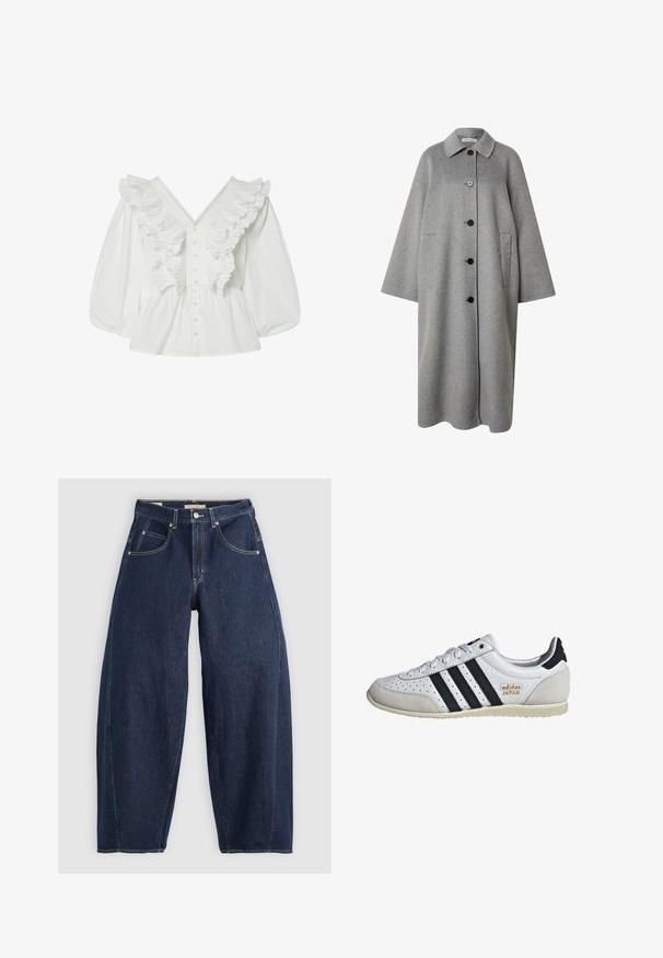 Langer grauer Wollmantel mit einem Kragenhals, vorderem Knopfverschluss und zwei seitlichen Taschen. Verfügt über eine weiche, strukturierte Oberfläche und weite Ärmel.; Weiße Bluse mit tiefem V-Ausschnitt, Puffärmeln und Rüschendetails auf der Vorderseite. Aus Baumwolle mit Knopfverschluss und strukturierten Akzenten.; Dunkelblaue Denim-Jeans mit lockerer Passform, heller Naht, fünf Taschen und einem Knopfverschluss am Bund.; Weiße Sneaker mit schwarzen Streifen und goldener Markenkennzeichnung. Verfügt über Materialien aus Wildleder und Leder, ein durchlässiges Obermaterial und eine strukturierte Gummisohle.