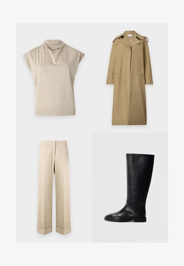 Világosbarna, pamut keverékből készült trench coat. Jellemzője a kivágott gallér, ferde zsebek és vállpántok, térd hosszúságú kialakítással.; Beige, rövid ujjú felső, drapírozott gallérral. Sima textúra, testhez álló derék és bordázott szegély. Könnyű, rugalmas anyagból készült.; Beige színű, egyenes szabású nadrág, duplakampós szegéllyel és lapos elülső kialakítással. Sima, tartós anyagból készült.; Fekete bőrből készült, térd fölé érő csizma, lekerekített orral, sima felülettel, minimalista dizájnnal és lapos talppal. Egyszerű varrási részletek a szárán.