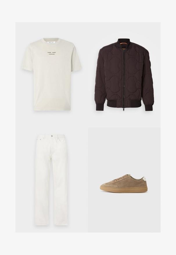 Jachetă bomber matlasată de culoare maro închis, cu fermoar frontal, manșete și guler ribbate și modele de cusătură circulare subtile.; Tricou din bumbac bej deschis, cu mâneci scurte, guler rotund și text imprimat negru "SAMSE SAMSØ COPENHAGEN" centrat pe piept.; Jeans din denim alb cu croială dreaptă, închidere cu nasture și fermoar, design cu cinci buzunare și fără modele sau accente vizibile.; Tenisi din suet de culoare maro deschis, cu talpă din cauciuc. Prezintă un design cu șireturi și un stil minimalist, accentuat de o etichetă albă la călcâi.