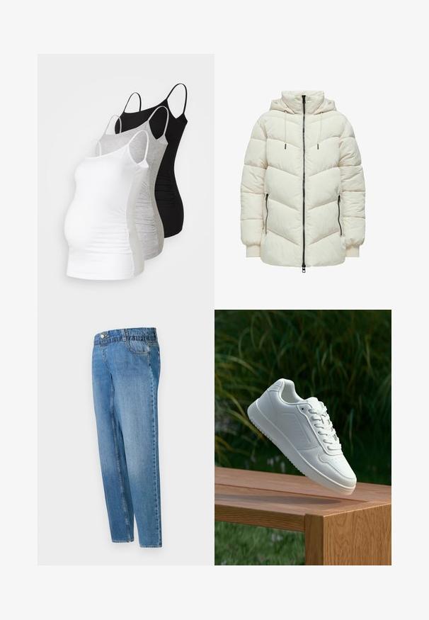 Bílá péřová bunda s šikmým vzorem, předním zipem, nastavitelnou kapucí a černými zipovými detaily na bočních kapsách. Měkký, prošívaný materiál.; Tři těhotenské tílka v bílé, šedé a černé barvě. Elastická látka s nastavitelnými ramínky a nařasenými bočními švy pro pohodlí.; Světle modré volné džíny s vysokým pasem, předním knoflíkem, zapínáním na zip a klasickým pětipocket designem na bílém pozadí.; Bílé tenisky s hladkým syntetickým svrškem, perforovanou špičkou, plochými tkaničkami a texturovanou podrážkou, vystavené na dřevěném povrchu.