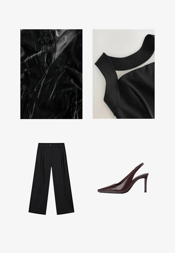 Svart sammetstyg med vågig textur och subtil lyster. Kanterna är släta och avslutade, med ett rikt mönster av ljusa och mörka ränder.; Svart ärmlös topp med breda ribbade axelband och en slät tygtextur, med formade sömmar för en figurnära design.; Svarta vida byxor i mjukt tyg, med framfållar, sidofickor och knappstängning i midjan.; Bruna läder slingback högklackade skor med spetsig tå, slät yta och smal klack. Har ett utskärningsdesign på sidorna.