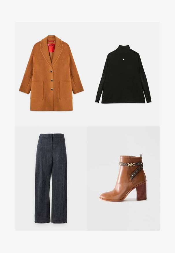 Pruun villasegu mantel, millel on lõikatud krae, kolm nuppu, kaks esikotid ja punane vooder. Sujuv tekstuur ja kohandatud sobivus.; Mustalane särk pikki varrukatega, millel on rinna peal väike valge südame sümbol. Pehme kangas ja mugav lõige.; Tumedashalli laiad püksid, millel on peene tekstuuriga koemine, kõrge vöökoht ja peidetud eesmine kinnitus.; Pruun nahkne pahkluu saabas, millel on kõrge plokk konts, külgrihm kullast nänni ja kuldne "MK" logo pandla.