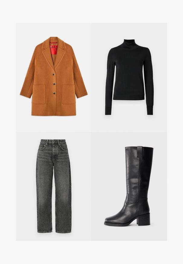 Brown wool blend coat with notched lapels, three buttons, two front pockets, and a red inner lining. Smooth texture with a tailored fit.; Black long-sleeve turtleneck sweater with ribbed cuffs and hem, displayed on a plain white background.; Won Hundred ALEXANDRA - Relaxed fit jeans - tinted black; Black leather knee-high boots with a smooth texture, square toe, block heel, and side pull tab, featuring minimal stitching details.