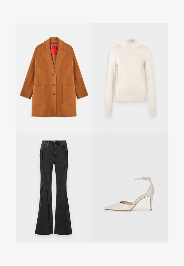 Hnědý kabát ze smíšené vlny s klopami, třemi knoflíky, dvěma předními kapsami a červenou podšívkou. Hladká textura s dobře padnoucím střihem.; Krémový rolák vyrobený z měkkého pleteného materiálu, s dlouhými rukávy a žebrovanými detaily na krku a manžetách.; Černé džíny s rozšířenými nohavicemi, se stylovým poškozením a viditelnými švy. Mají pět kapes a zapínání na knoflík v pase.; Bílé kožené lodičky na vysokém podpatku s špičatou špičkou, kotníkovým páskem a štíhlým jehlovým podpatkem. Hladká textura s mírným lesklým povrchem.