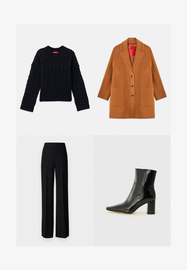 Brown wool blend coat with notched lapels, three buttons, two front pockets, and a red inner lining. Smooth texture with a tailored fit.; Black knitted sweater with a V-neck, featuring a cable pattern and ribbed cuffs and hem. Made from a textured yarn for added warmth.; Black wide-leg trousers with a smooth texture, featuring a high waistband and center pleats. No visible patterns or hardware details.; Black ankle boot made of glossy leather with a pointed toe and a chunky, square heel. Features a smooth texture and minimalistic design.