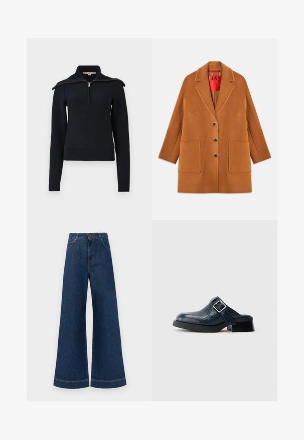 Brązowy płaszcz z wełny w mieszance z klapami, na trzy guziki, z dwoma przednimi kieszeniami i czerwonym podszyciem. Gładka faktura z dopasowanym krojem.; Granatowy sweter z pół-zamkiem, długimi rękawami i teksturowanym wzorem dzianiny. Charakteryzuje się czystym, minimalistycznym wyglądem.; Szerokie dżinsy w kolorze niebieskim z wysokim stanem, z zapięciem na guzik, szlufkami na pasek oraz subtelnymi detalami stębnowania wzdłuż kieszeni i brzegów.; Granatowe skórzane klompy o teksturowanym wykończeniu, z bocznym paskiem i srebrną klamrą, osadzone na niskim czarnym obcasie z solidną podeszwą.