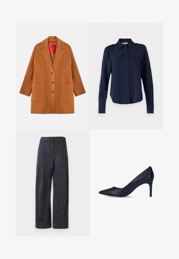 Hnedý kabát z vlnenej zmesi s výrezovými klopami, troma gombíkmi, dvoma prednými vreckami a červenou podšívkou. Hladká textúra s prispôsobeným strihom.; Námornícky modrá košeľa na gombíky vyrobená z jemného materiálu. Obsahuje dve náprsné vrecká, ramenné epauletky a dlhé rukávy s gombíkovými manžetami.; Tmavohnedé široké nohavice s jemnou textúrovanou tkaninou, vysokým pásom a skrytým predným zapínaním.; Navy modré lodičky na vysokom podpätku vyrobené z hladkej kože, s ostrou špicou a úzkym podpätkom. Jednoduchý dizajn bez ďalších ozdôb.