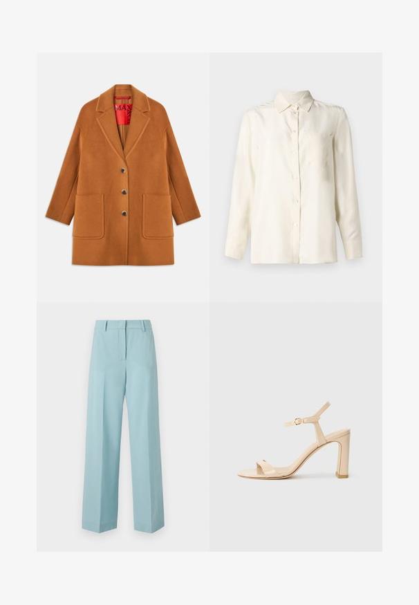 Casaco em mistura de lã castanha com lapelas notched, três botões, dois bolsos frontais e um forro vermelho. Textura suave com um corte ajustado.; Camisa de botão de mangas longas, em tom creme, feita de um tecido suave, com colarinho e um único bolso no peito. Design minimalista e textura suave.; Calças largas, azul claro, com uma textura suave, cintura alta, pregas nítidas e um ajuste sob medida. Sem hardware visível ou padrões.; Sandal de salto alto bege com correia no tornozelo e fivela dourada, bico aberto e salto bloco, sobre um fundo branco.