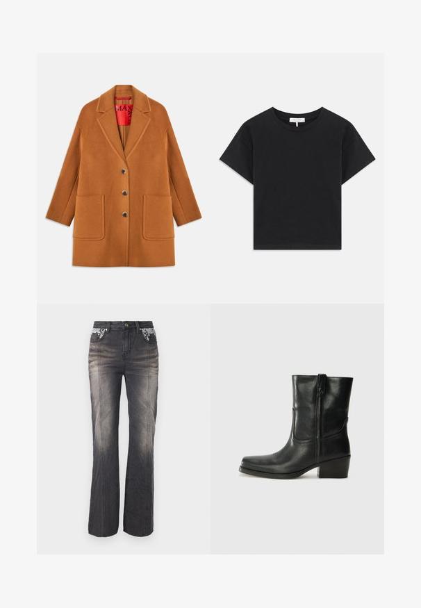 Brown wool blend coat with notched lapels, three buttons, two front pockets, and a red inner lining. Smooth texture with a tailored fit.; Black cropped t-shirt made of cotton, featuring a round neckline, short sleeves, and a simple design with no patterns or embellishments.; Black denim jeans with a straight leg design, featuring lace detailing on pockets and subtle fading. Hardware includes metal button and rivets.; Black leather ankle boot with a rounded toe, block heel, side zipper, and stitching accents on the vamp. Smooth texture, classic design.