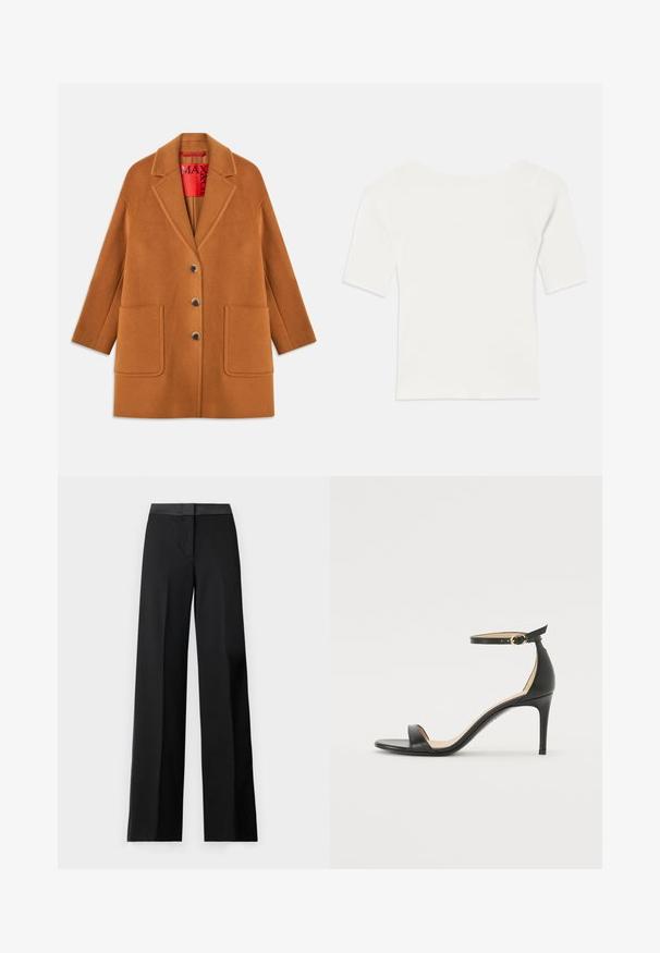 Bruine wollen blend jas met geknipte revers, drie knopen, twee voorzakken en een rode binnenvoering. Soepele textuur met een getailleerde pasvorm.; Witte ribben top met korte mouwen en een brede hals. De textuur heeft verticale strepen, die een snug fit en eenvoudig ontwerp benadrukken.; Zwarte wijde broek met een gladde tailleband en een slanke, op maat gemaakte uitstraling. Gemaakt van lichte stof met een vloeiende textuur.; Zwarte leren hoge hak sandaal met enkelbandje. Heeft een gladde textuur, open teen en een dunne hak. Gouden gesp detail.