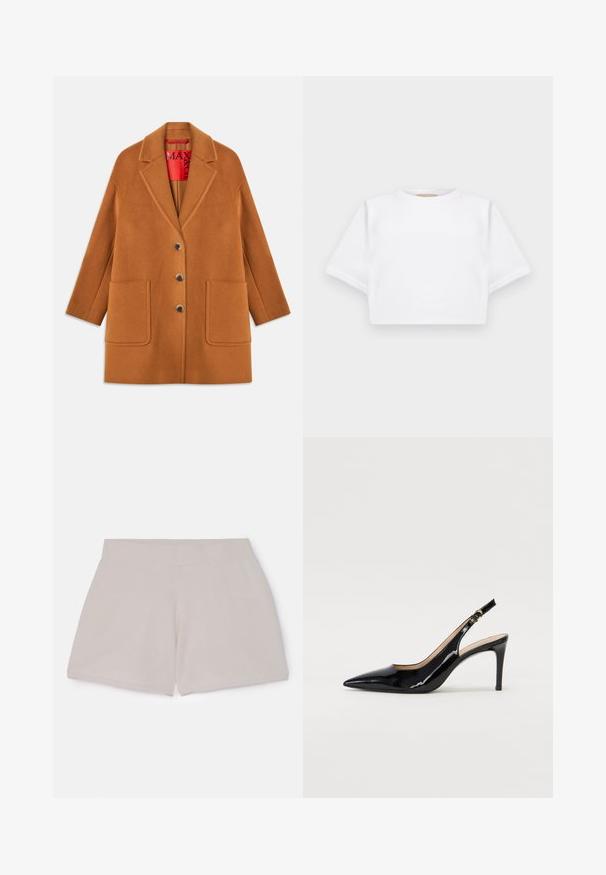 Brązowy płaszcz z wełny w mieszance z klapami, na trzy guziki, z dwoma przednimi kieszeniami i czerwonym podszyciem. Gładka faktura z dopasowanym krojem.; Skrojona biała koszulka z miękkiego materiału, z krótkimi rękawami, okrągłym dekoltem i żebrowanymi detalami u dołu. Prosty i nieozdobiony design.; Beżowe szorty z bawełny z elastycznym pasem, o teksturowanym wykończeniu, z prostym krojem i bez widocznych kieszeni czy detali.; Czarne lakierowane szpilki typu slingback z szpiczastym noskiem, smukłym obcasem i subtelnym wycięciem. Posiadają złotą klamrę na pasku.