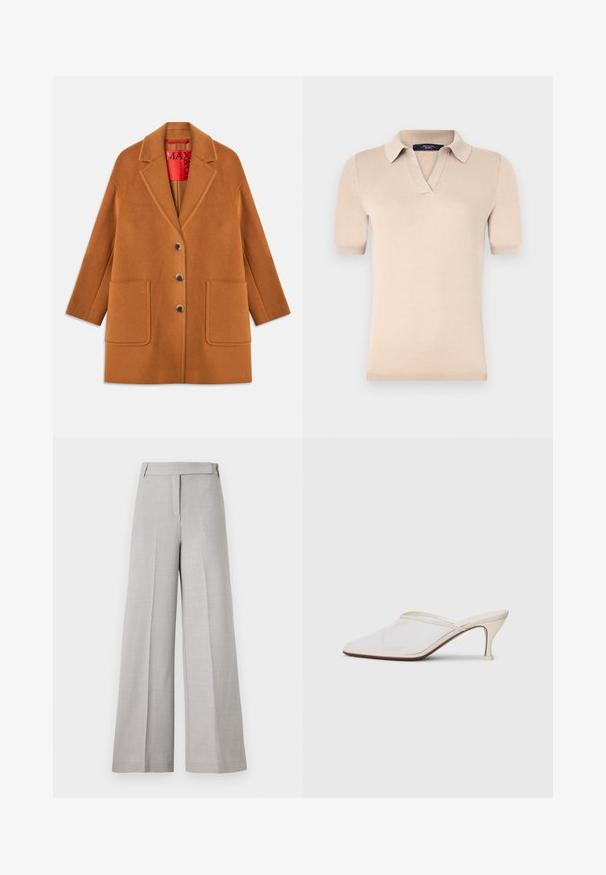 Brown wool blend coat with notched lapels, three buttons, two front pockets, and a red inner lining. Smooth texture with a tailored fit.; Beige short-sleeve polo shirt made of soft knit fabric. Features a V-neck collar and ribbed cuffs. Smooth texture with a fitted shape.; Light gray wide-leg trousers with a smooth texture, featuring a tailored waistband and front crease for a polished look.; White mesh pointed-toe mule with a slim mid-height heel and slip-on design against a plain background.
