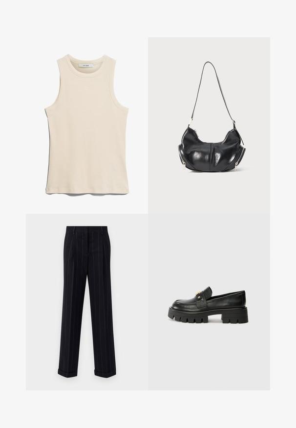 Palton din lână maro, cu rever in creion, trei butoane, două buzunare frontale și căptușeală roșie. Textură netedă, cu o croială ajustată.; Tricou fără mâneci de culoare bej deschis, realizat dintr-un material ribbed, cu un decolteu rotund și un design curat, minimalist.; Pantaloni negri cu dungi, cu o croială adaptată, având o tivă cu manșetă și pliuri frontale. Construiți dintr-un material neted cu un design structurat.; Mocasini negri din piele cu o talpă groasă, având un accent aurit în față și un finisaj neted. Design cu ștanțare groasă pe talpă.; Geantă de umăr din piele neagră, în formă de semilună, cu fermoare argintii pe ambele părți și o singură curea.