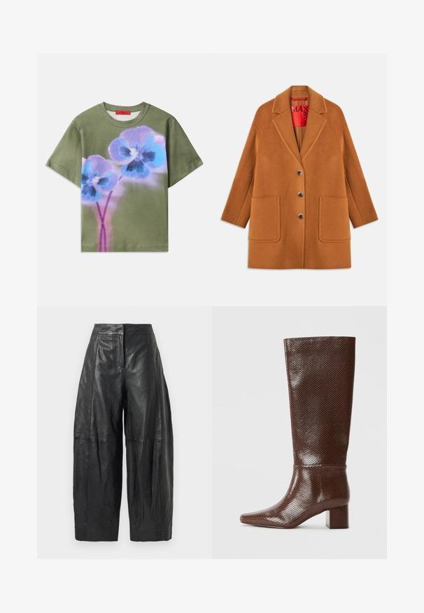 Hnědý kabát ze smíšené vlny s klopami, třemi knoflíky, dvěma předními kapsami a červenou podšívkou. Hladká textura s dobře padnoucím střihem.; Olivově zelené tričko s velkým potiskem modrých a fialových květin s tmavými středy, krátkými rukávy a kulatým výstřihem.; Černé kožené kalhoty s širokým střihem a vysokým pasem, které mají jemné švy a hladkou texturu. Zkrácená délka do poloviny lýtek.; Hnědé kozačky do poloviny lýtek s hadí texturou, čtveratou špičkou a blokovým podpatkem na čistě bílém pozadí.