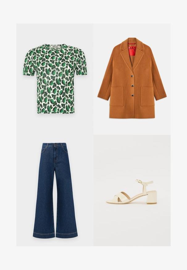 Palton din lână maro, cu rever in creion, trei butoane, două buzunare frontale și căptușeală roșie. Textură netedă, cu o croială ajustată.; Top scurt cu mânecă verde, cu motive florale mari pe un fundal alb, realizat dintr-un material ușor și elastic.; Jeans din denim albastru cu picioare largi și talie înaltă, având închidere cu buton, bucle pentru curea și detalii discrete de cusut pe buzunare și la tivuri.; Sandale cu toc din piele patent bej, cu un design cu curea încrucișată, vârf deschis, curea ajustabilă la gleznă și toc pătrat. Textură netedă.