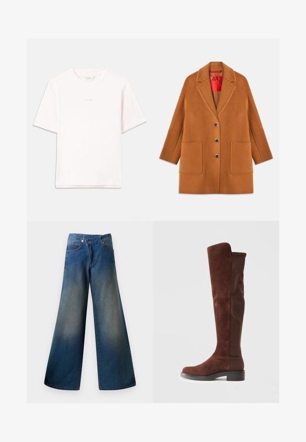 Rudas vilnos mišinio paltas su iškirptėmis, trimis mygtukais, dviem priekinėmis kišenėmis ir raudonu pamušalu. Lygi tekstūra su pritaikytu siluetu.; Šviesiai rožinė trumpomis rankovėmis marškinėliai, pagaminti iš medvilnės, su apvalia kaklo iškarpa ir subtilios spalvos siuvinėtu logotipu krūtinėje.; Plati kojinės mėlynos džinsinės kelnės, pagamintos iš džinsinio audinio, su šiek tiek išblukusiu paviršiumi, matomomis siūlėmis, dviem priekinėmis kišenėmis ir mygtuko uždarymu.; Aukšta ruda zomšos ir audinio batai su žemu juodu kulnu ir apvaliu pirštu, pavaizduoti šoninėje pusėje ant švaraus balto fono.