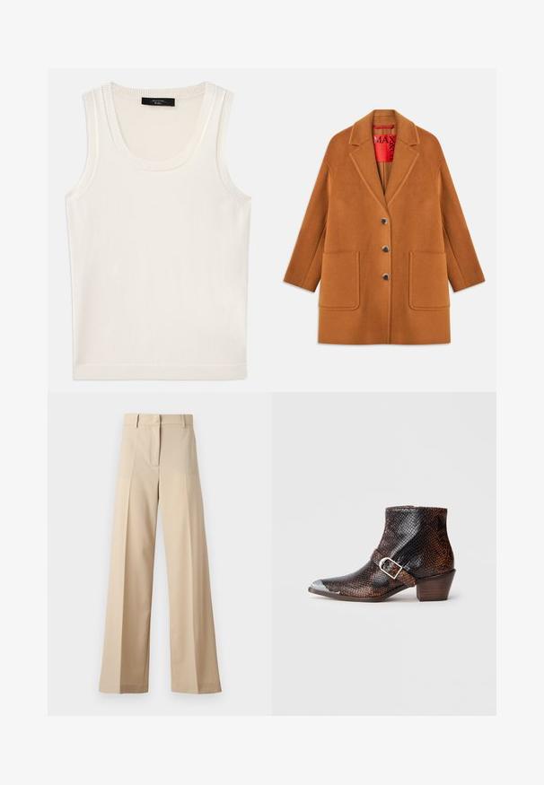 Bruine wollen blend jas met geknipte revers, drie knopen, twee voorzakken en een rode binnenvoering. Soepele textuur met een getailleerde pasvorm.; Witte mouwloze tanktop van zachte stof. Heeft een ronde hals en ribbelige randen, met een gladde textuur en zonder zichtbare patronen.; Beige wijde broek gemaakt van gladde stof, met een flatte voorkant met plooien, een rits en riemlussen. Over het geheel een getailleerde pasvorm.; Zwarte en bruine slangenprint enkelboots met een zilveren neuskap, een gespsaccent en een lage houten hak. Gladde textuur, aansluitend ontwerp.