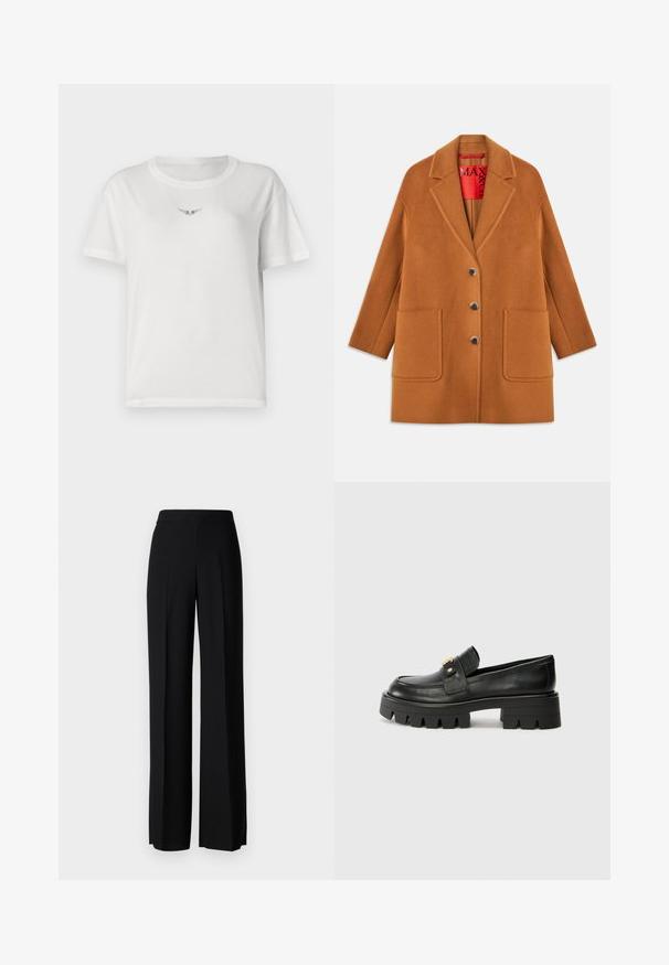 Casaco em mistura de lã castanha com lapelas notched, três botões, dois bolsos frontais e um forro vermelho. Textura suave com um corte ajustado.; T-shirt branca de algodão com mangas curtas, apresentando um pequeno design de asas pretas no peito e um clássico decote redondo.; Calças largas pretas com uma textura suave, apresentando uma cintura alta e pregas centrais. Sem padrões visíveis ou detalhes em metal.; Mocassins de couro preto com uma sola robusta, apresentando um detalhe em tom dourado na parte da frente e um acabamento suave. Design de solado com cravos robustos.