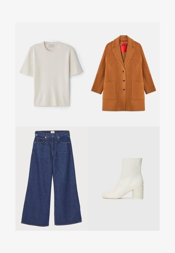 Bruine wollen blend jas met geknipte revers, drie knopen, twee voorzakken en een rode binnenvoering. Soepele textuur met een getailleerde pasvorm.; Crème t-shirt met korte mouwen en een ronde halslijn, gemaakt van zacht materiaal, met een rechte snit en minimale details.; Citizens of Humanity BEVERLY SLOUCH IN UNVEIL - Relaxed fit jeans -
dark-blue denim; Witte leren enkellaars met een ronde neus en een stevige cilindrische hak. Gladde textuur, minimalistisch design, geen zichtbare hardware of patronen.