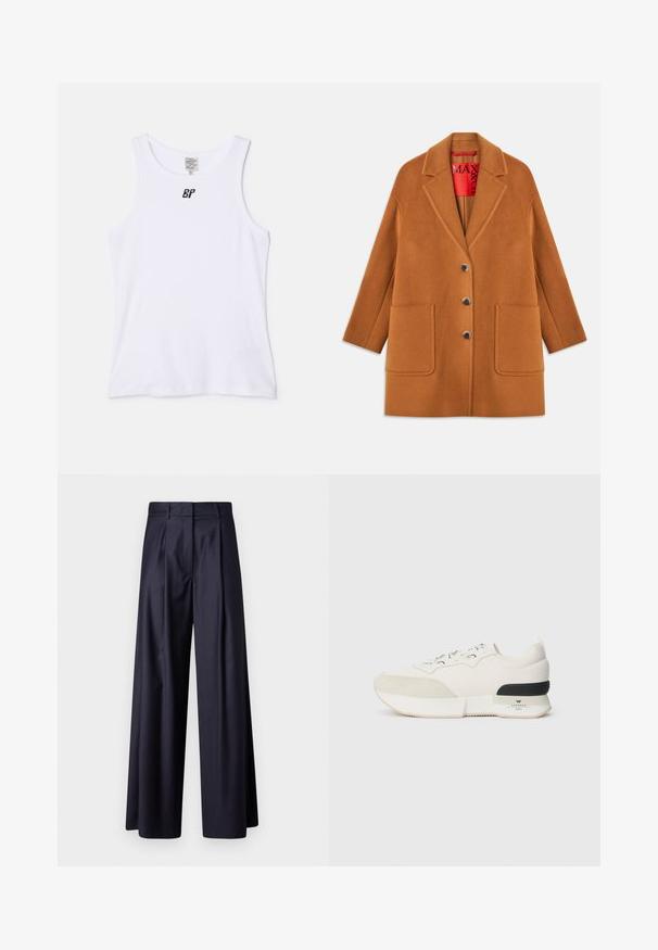 Brown wool blend coat with notched lapels, three buttons, two front pockets, and a red inner lining. Smooth texture with a tailored fit.; White cotton tank top with a round neckline and medium-width straps. Features a small black logo on the chest area. Smooth texture.; Wide-leg trousers in dark navy fabric, featuring pleats, a smooth texture, a tailored design, and a high waistband.; White sneaker featuring a textured suede toe cap, smooth mesh upper, decorative laces, and a black rubber heel accent.