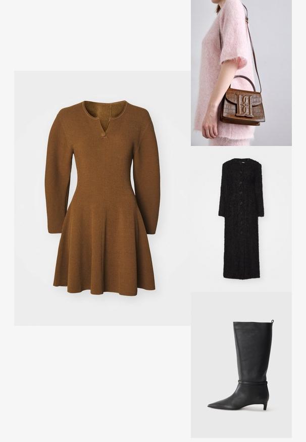 By Malene Birger SUSENNE czarny; Brązowa dzianinowa sukienka z lekko rozkloszowanym dołem, długimi rękawami i dekoltem w kształcie litery V, który zdobi pojedynczy guzik. Teksturowana żebrowana tkanina.; Czarne skórzane kozaki do kolan z ostro zakończonym noskiem, ozdobione okrągłym paskiem wokół kostki oraz niskim, zwężanym obcasem. Gładka tekstura.; Brązowa torebka ze skóry krokodyla, tłoczona, z górnym uchwytem i paskiem na ramię. Posiada wyraźne logo na przedniej klapie. Miękka w dotyku.