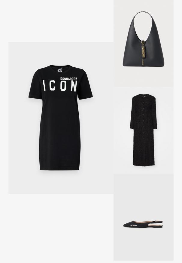 By Malene Birger SUSENNE - Wintermantel - black; Schwarzes Baumwoll-T-Shirt-Kleid mit kurzen Ärmeln, einem Rundhalsausschnitt und dem auffälligen weißen "DSQUARED2 ICON"-Text auf der Vorderseite.; Schwarze Slingback-Flats mit spitzen Zehen, aus glattem Material. Sie verfügen über das weiße "LOVE MOSCHINO"-Branding und ein minimalistisches Design.; Schwarze Leder-Schultertasche mit einem breiten Riemen, goldenen Beschlägen und zwei Anhängern, die mit "LOVE MOSCHINO" in goldenen Buchstaben geprägt sind.