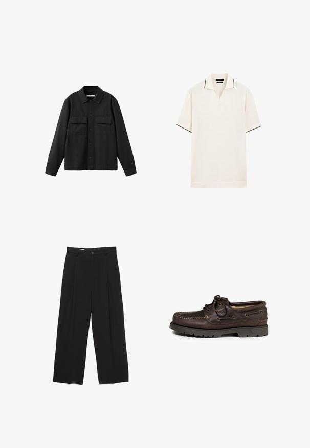 Zwarte button-up shirt met lange mouwen, twee voorflappen en een kraag, weergegeven op een witte achtergrond.; Crème kleurige polo met een v-hals en contrasterend donker trim aan de kraag en mouwen. Zachte stof, korte mouwen.; Zwarte wijde broek gemaakt van gladde stof, met een platte tailleband, voorplooien en een enkele knoopsluiting.; Bruine leren boot schoenen met een ronde neus, stiksels en metalen oogjes voor de veters. Rubberen buitenzool met profiel.