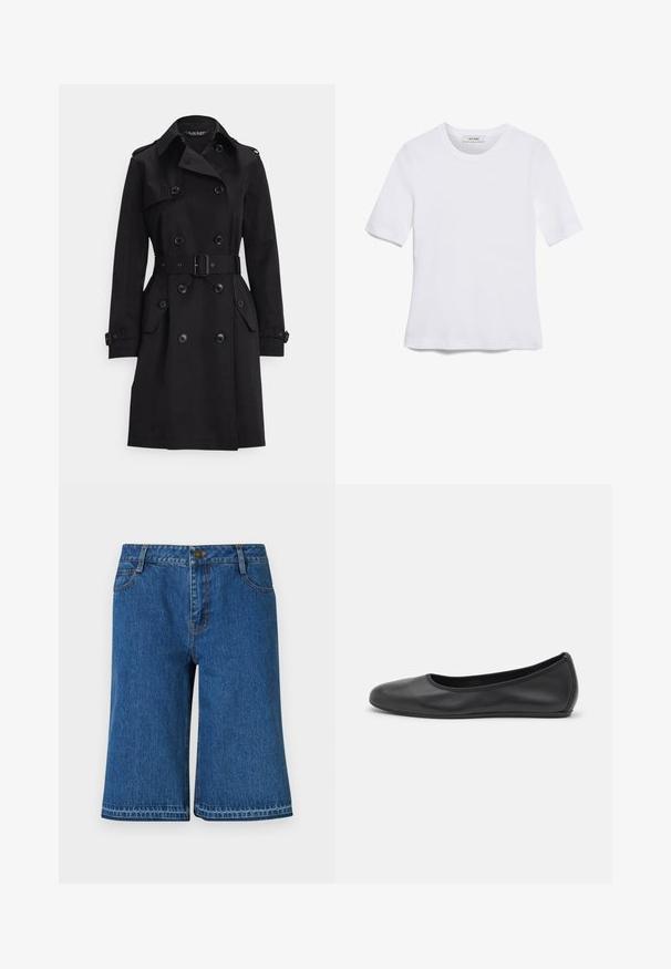 Fekete ballonkabát sima anyagból, kétsoros gombokkal, öves derékrésszel és két oldalzsebbel.; Fehér, rövid ujjú póló ribbed anyagból. Kerek nyakkivágás, normál szabás és diszkrét varrási részletek. Nincsenek minták vagy grafikák.; Kék farmer rövidnadrág egyenes szabással, derékrésszel, öt zsebbel és diszkrét varrási részletekkel az éleknél.; Fekete bőr balettcipő lekerekített orral, sima tekstúrával, minimális varrással és rugalmas talp kialakítással.
